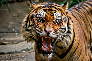 Angry tiger,Sumatran tiger (Panthera tigris sumatrae) beautiful animal and his portrait