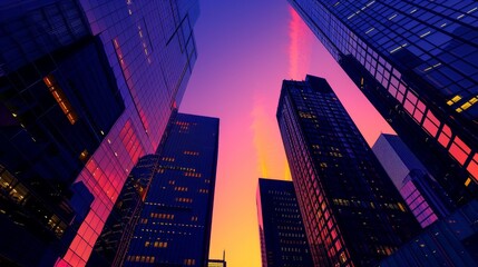 A city skyline at sunset with a purple sky. The buildings are tall and the sky is filled with clouds - Powered by Adobe