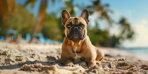 Portrait of french bulldog on the tropical beach