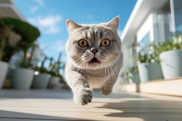 Environmental portrait photography of a funny british shorthair cat sprinting on sunny balcony