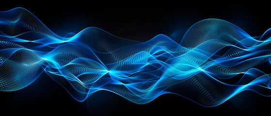 Ethereal blue wave patterns with light effects on a dark background, abstract design. Surge or electric power wave concept.