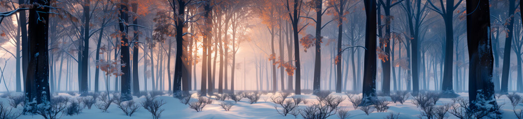 Winter forest scene with frost-covered trees and soft sunlight filtering through, panoramic view.