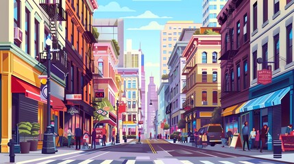 Obraz premium A wide angle view of a vibrant city street with people walking on the sidewalk, crossing the road and in the shops.