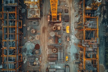Top-down view capturing the intricate details of machineries and structures at a busy construction site