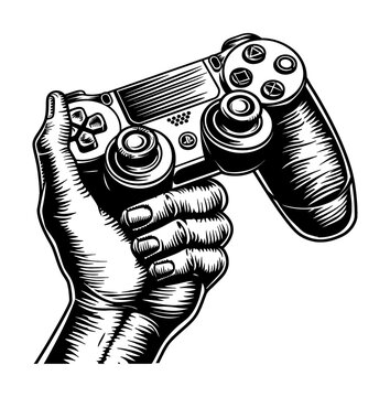 recommend clip art: hand holding controller engraving black and white outline