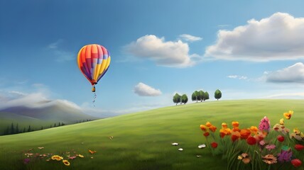 
: A colorful balloon bouquet floating above a green meadow, adding a touch of whimsy to the scenery

