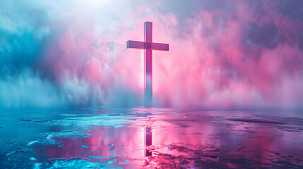 A pink cross stands in the water under a beautiful sky
