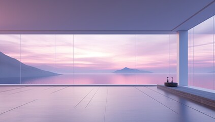 A beautiful view of the ocean and mountains with a pink sky. The scene is peaceful and serene