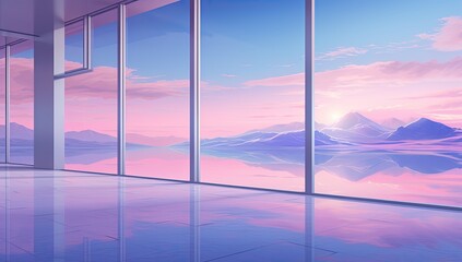 Tranquil Vista: Expansive Glass Window Frames Stunning Ocean and Mountain Views Against a Soft Pink Sky
