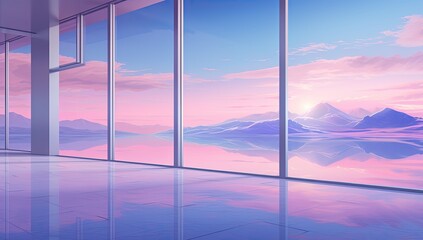 Fototapeta premium Tranquil Vista: Expansive Glass Window Frames Stunning Ocean and Mountain Views Against a Soft Pink Sky