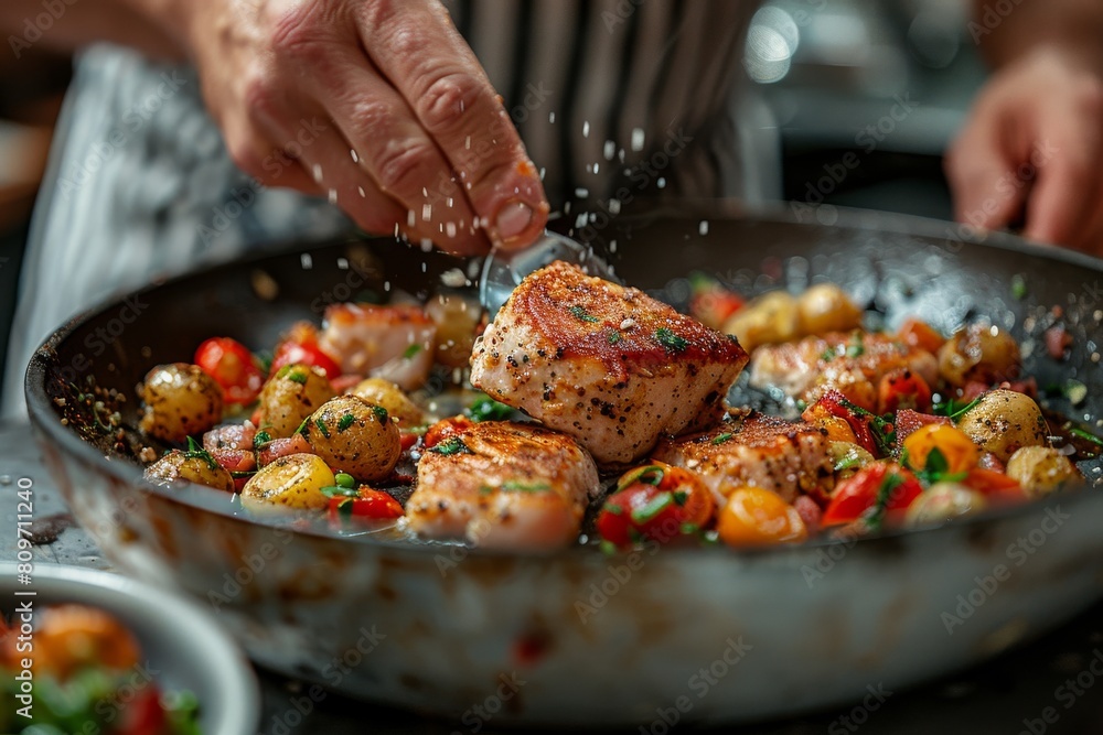 Poster an up-close action shot capturing the precise moment when a chef seasons freshly pan-seared scallops