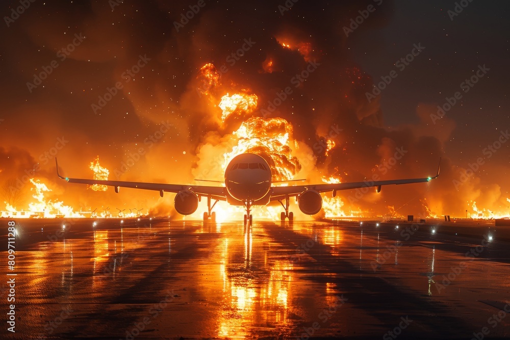 Poster a dramatic and intense scene capturing an airplane head-on with a massive fiery explosion in the bac