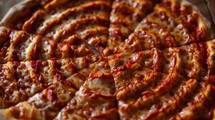 Spiraling layout of rotating pizza slices in a spiraling pattern