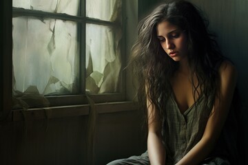 Pensive young woman sits by a window with torn curtains, in a dimly lit, moody atmosphere