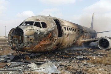 Charred remains of a plane after an accident, wreckage scattered around