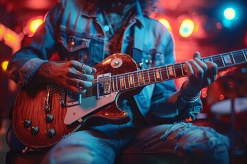 Closeup of a guitarist's hands playing on a classic guitar, illuminated by vibrant blue stage lights, showcasing a musical performance