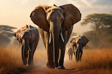 Serene procession of elephants walking under a warm, glowing light in the savannah