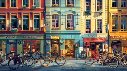 A beautiful European street with colorful buildings and flowers. There are bicycles parked along the street and people walking around.