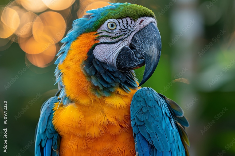 Poster vibrant and detailed close-up showcasing the mesmerizing colors and patterns of a macaw's feathers a