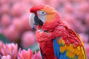 Obraz premium A stunning close-up of a Scarlet Macaw parrot amidst vibrant pink blossoms, showcasing vivid colors and fine details