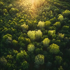 Top view of a young green forest in spring or summer, in the style of refreshing ambiance, golden hour