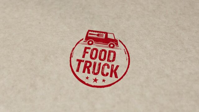 Food truck stamp and hand stamping impact animation. Street food vehicle 3D concept. 