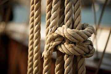 Close-up of thick, intertwined ropes with knots used on a classic sailboat