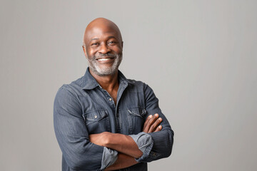 Obraz premium Smiling senior African American man with light grey background. Copy space