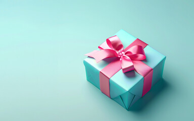 Fototapeta premium Blue with pink ribbon gift box. On light blue background, copy space