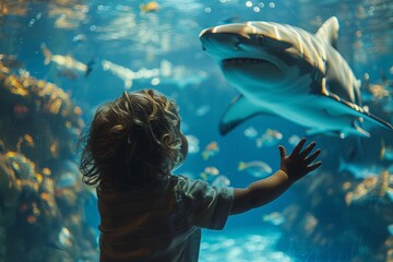 A small child in awe as he watches sharks and fish swim in a large blue aquarium, conveying a sense...