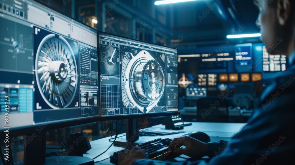 Poster close-up footage of industrial engineer's hands designing turbine/engine with two monitors on a pers
