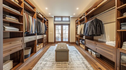 Expansive walk-in closet with walnut wood finishes and gentle beige walls, creating a cozy yet chic space for clothing storage