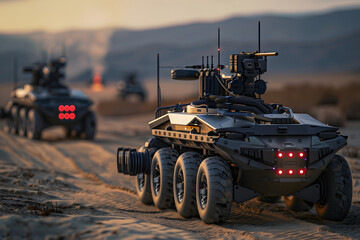 digital representations of unmanned ground vehicles, showcasing their role in reconnaissance and patrol missions in high tech style.