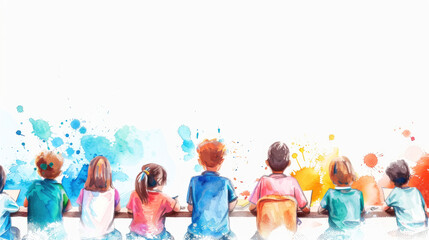 Banner, poster, children's drawing with colored pencils: schoolchildren, students sitting at the table, white background. Learning, children's education concept.