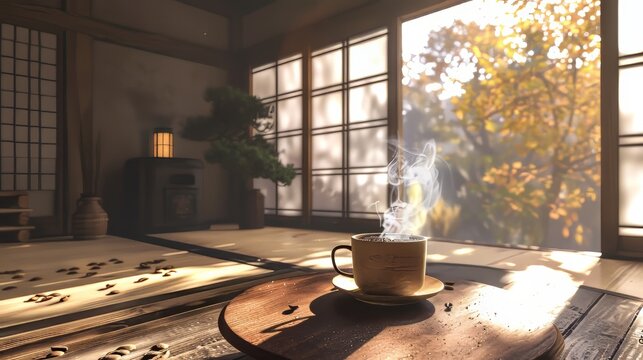 Tranquil atmosphere featuring a steaming cup of coffee and room for customization
