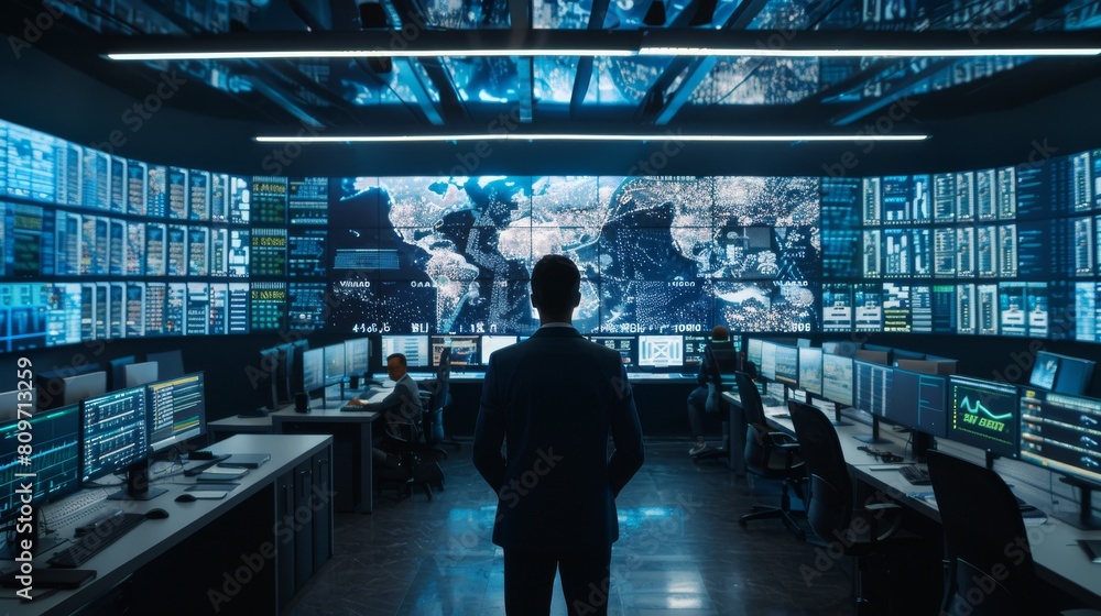 Poster manager holds a staff meeting in the system control room. his staff works in the data center and is 
