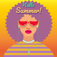 Vector poster hello summer with girl in headphones and strawberry glasses