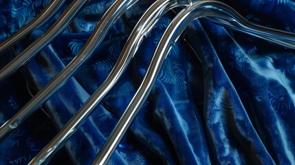 Modern silver hangers on a vibrant deep blue velvet backdrop, captured in a close-up shot to emphasize their sleek form