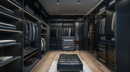 Modern walk-in closet design emphasizing dark slate shelving, offering a strong and masculine storage solution in a high-end home