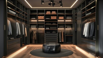 Modern walk-in closet design emphasizing dark slate shelving, offering a strong and masculine storage solution in a high-end home