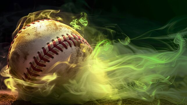 Baseball with swirling green smoke on a dark background.