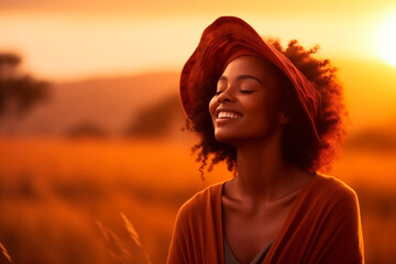 Fototapeta premium Backlit Portrait of calm happy smiling free black African woman with closed eyes enjoys a beautiful moment life on the African fields at sunset 