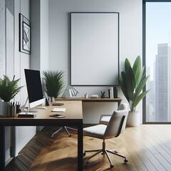 A desk with a computer and a chair in a room with plants image realistic card design.
