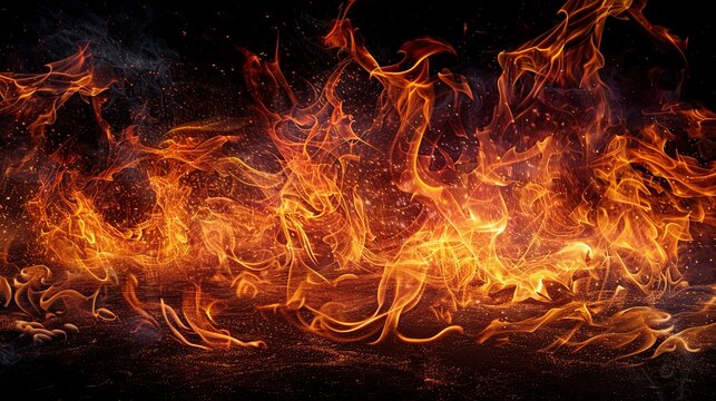 Fire flames isolated on a black background with copy space for text or decoration.