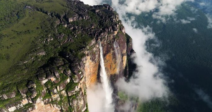 Auyan-tepui Mountain With Angel Falls In Canaima National Park, Venezuela. - aerial shot