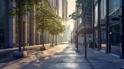 A city street with a sidewalk and a tree in the middle. The street is empty and the sun is shining...