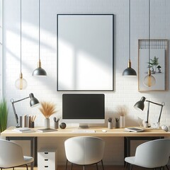 A desk with a computer and chairs and a picture frame on the wall image art art photo.