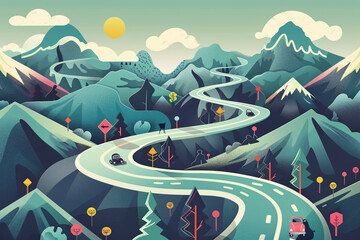 Illustration of a winding road through stylized mountains with various colorful elements symbolizing adventure and journey