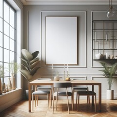 A dining Room with a template mockup poster empty white and with a table and chairs photos art realistic attractive.