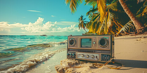 retro boombox on the background of a tropical beach